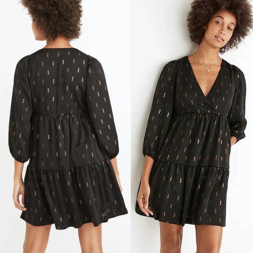 Madewell Gold Metallic Clip Dot‎ Tiered Mini Dress Black V-Neck Size Small